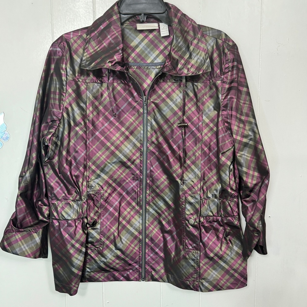 Chico's Plaid Full Zip Up Jacket Women's Size Large Collared Lightweight Coat